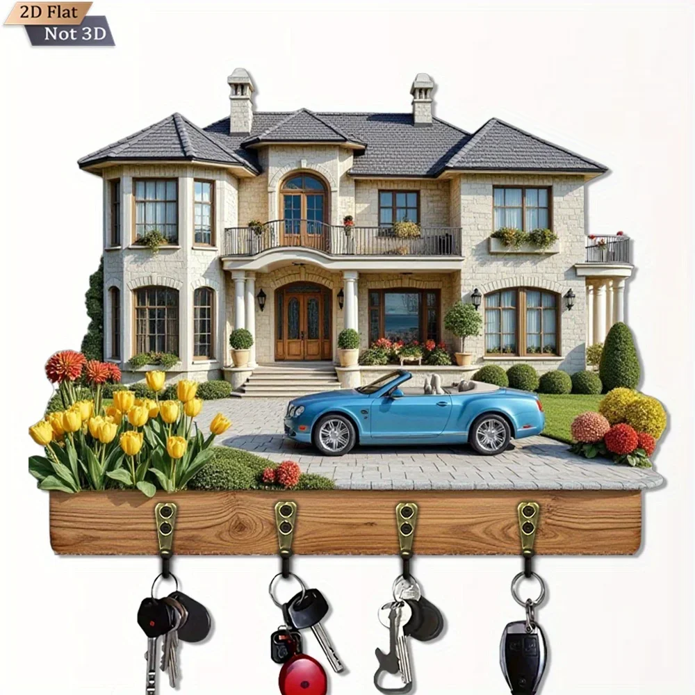 2D Flat Design, 1pc, Minimalist Wooden Key Hook. Multi-functional Home Use with Four Metal Hooks; Suitable for Wall Decoration