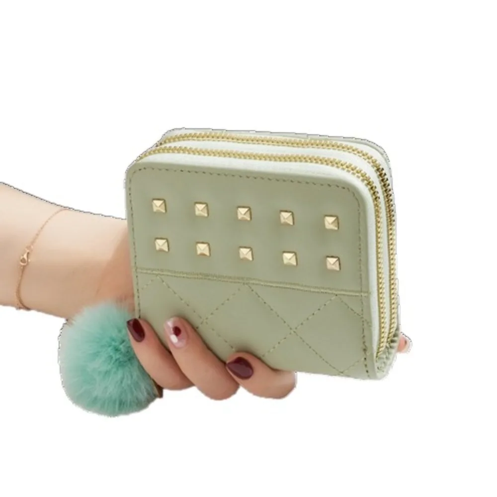 

Causal Rivets Women Long Purse Double Zipper Soft Plush Ball Woman Clutch Wallet Soft Multi-card Slot Square Card Bag Travel