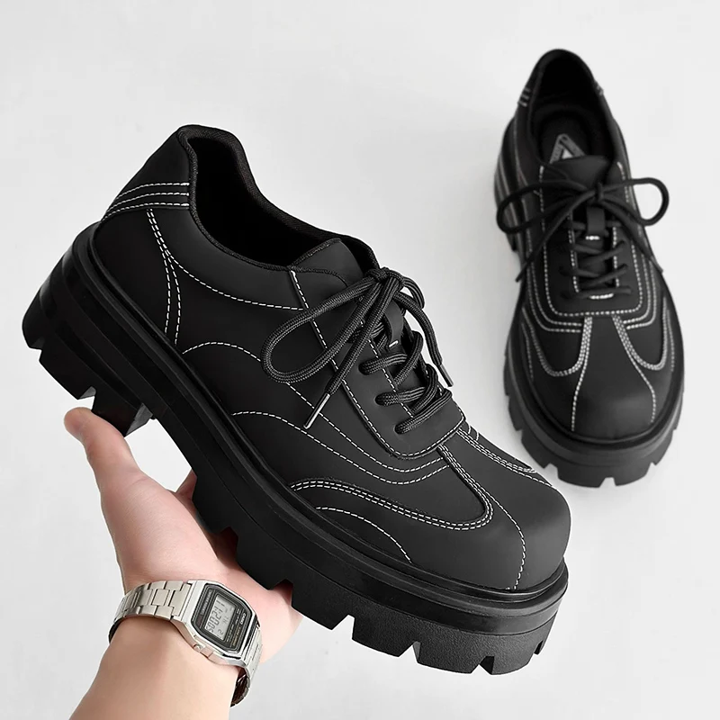 men luxury fashion punk rock dress platform shoes lace-up oxfords shoe black trendy original leather sneakers designer footwear