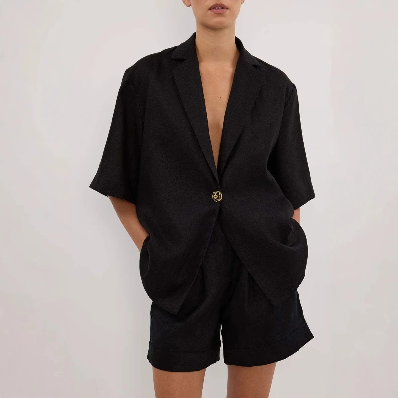 

2025 Summer Vacation Wind Half-Sleeve V-Neck Cardigan Top and Shorts Loose Casual Set for Women