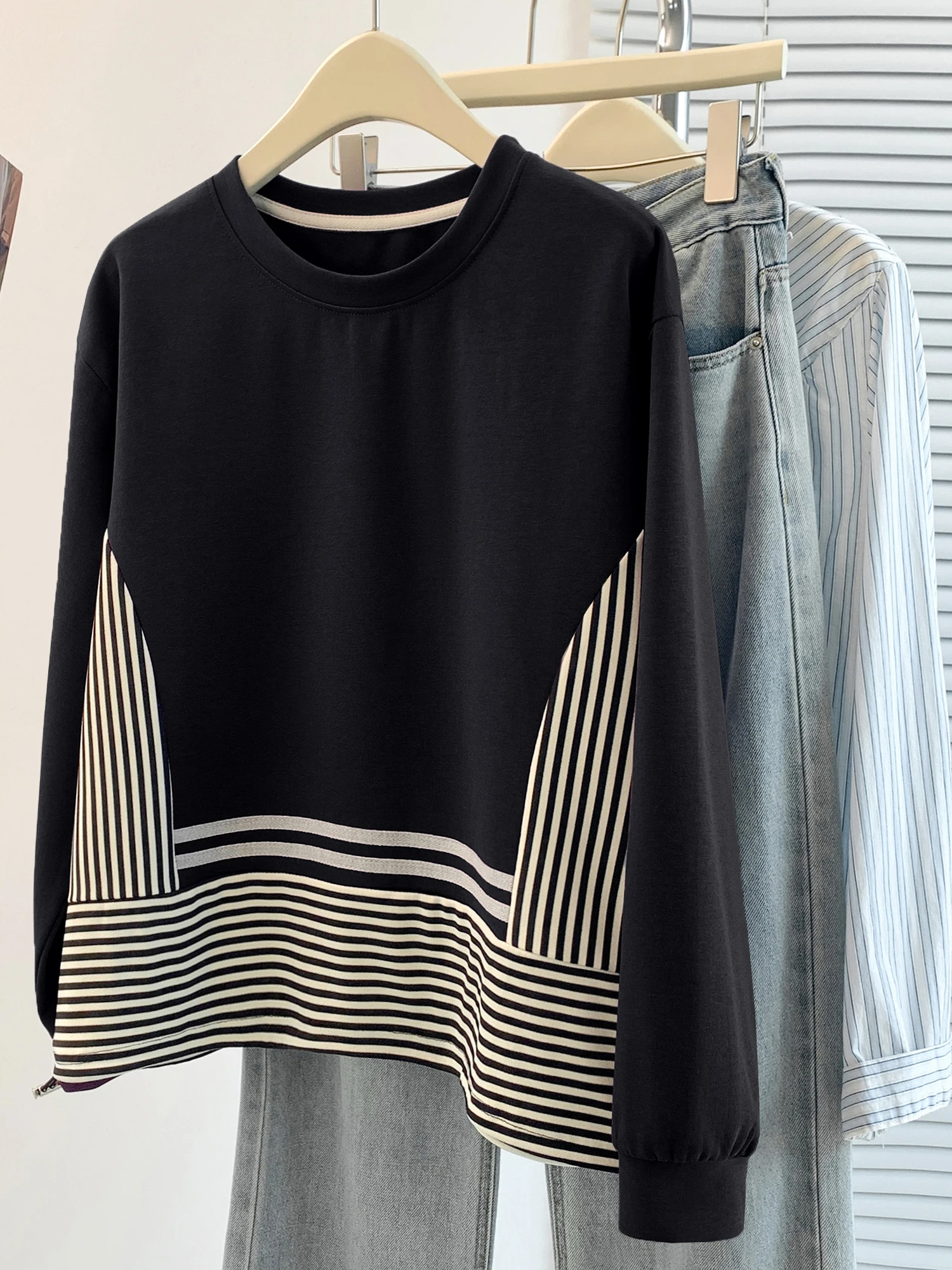 

Faionable полосатая лоскутная футболка большого размера, повседневная длинная светящаяся футболка, корейский бренд Ele Feeling