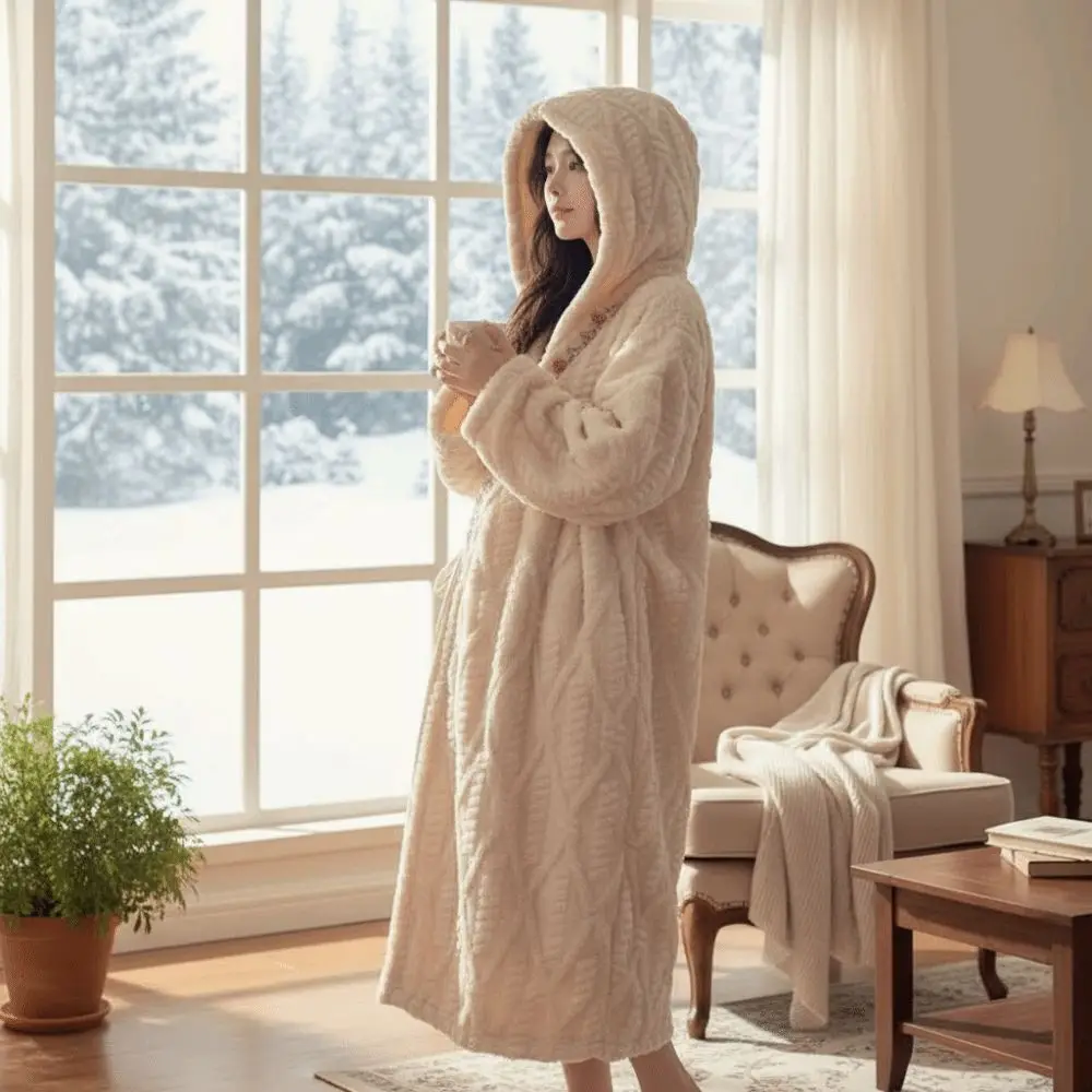 

Cute Flower Coral Fleece Sleepwear Thick Warm Pajamas Robe Women Home Wear Sweet Flannel Long Sleeves Night-robe Autumn Winter