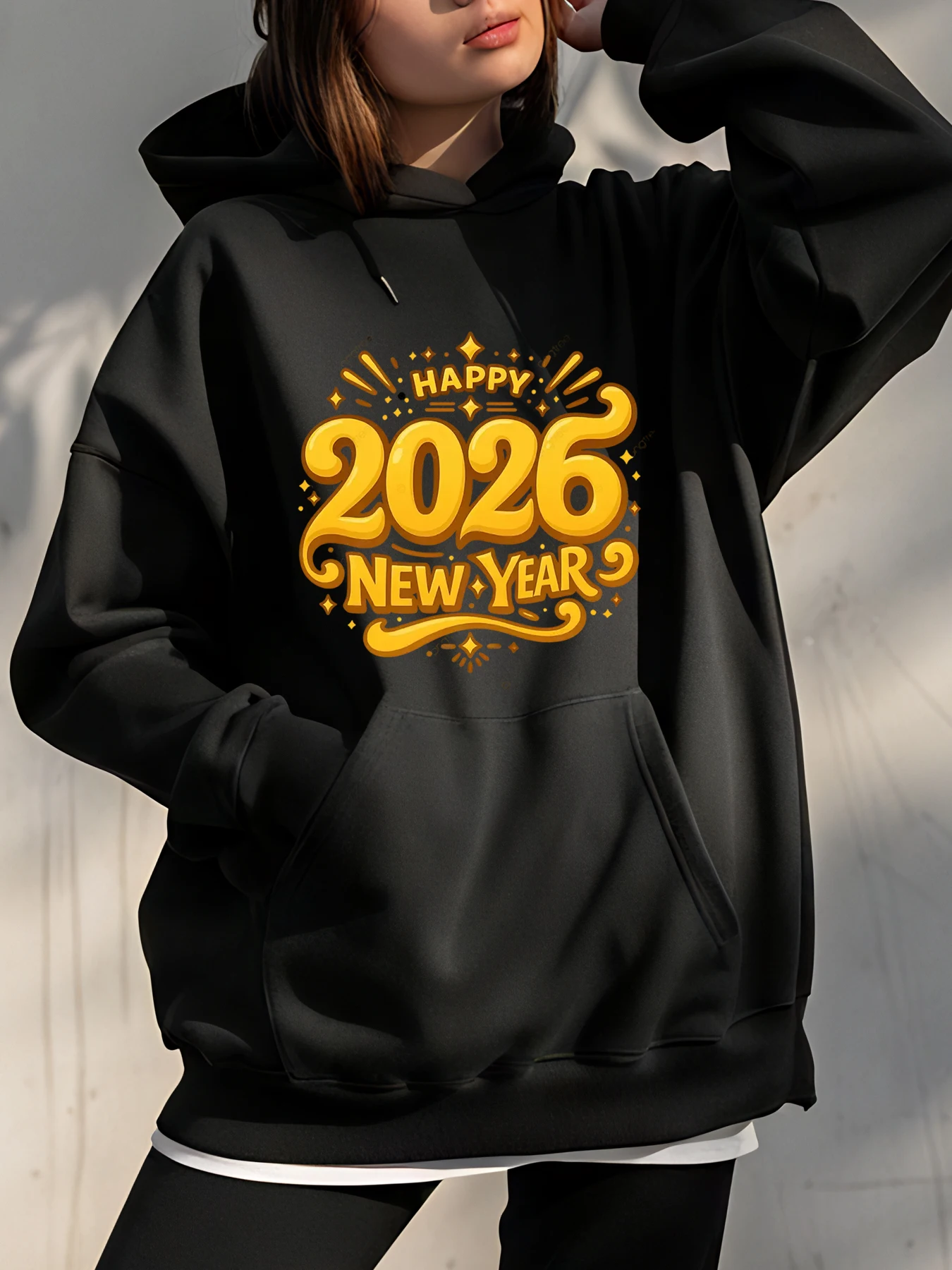 

Happy 2026 Новогодняя толстовка с принтом, унисекс, повседневная толстовка для женщин и мужчин, рождественский праздничный подарок, модный свитер