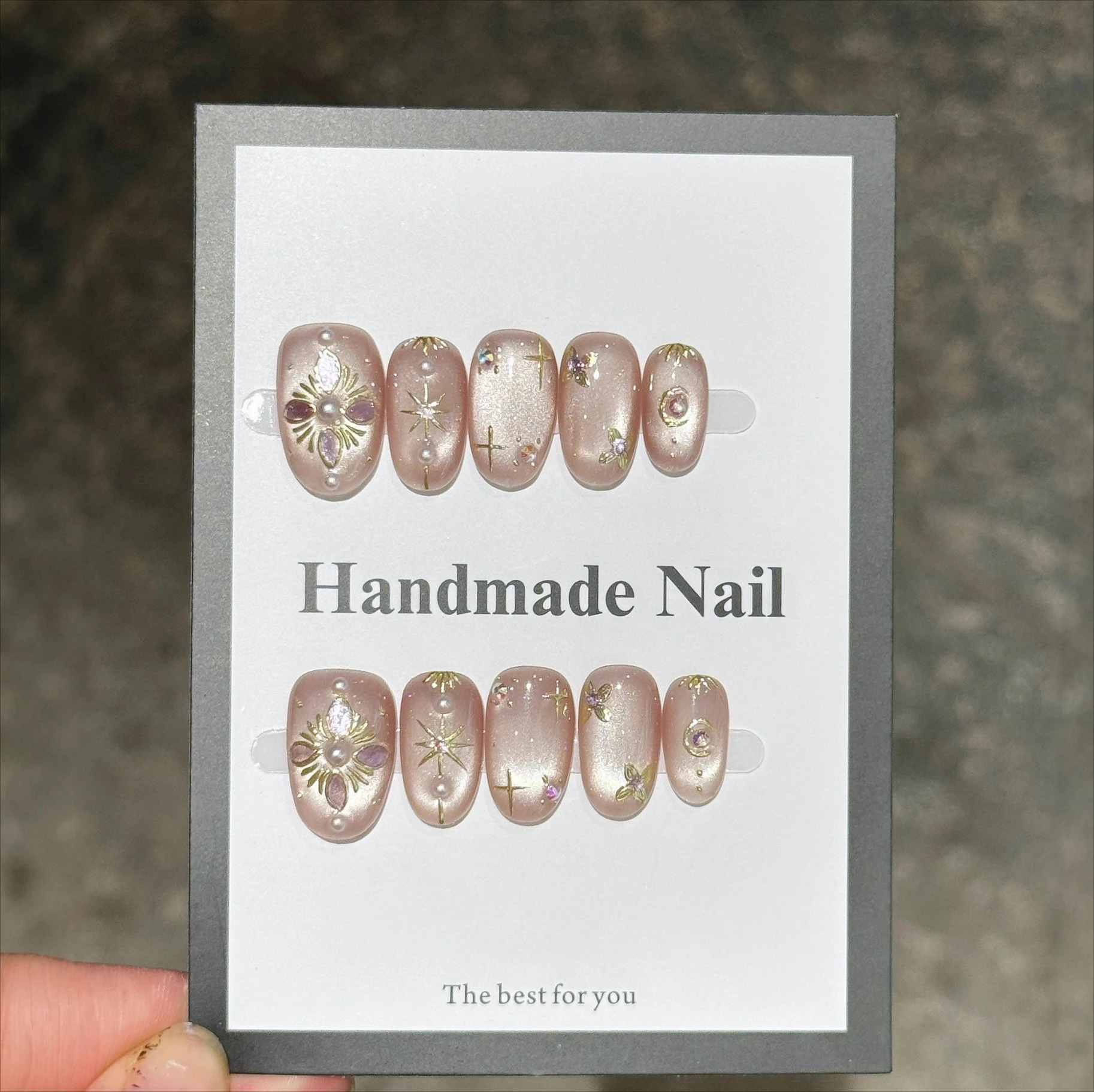 

10 шт. глянцевые накладные ногти «кошачий глаз» телесного цвета розового цвета, нарисованные вручную цветы, жемчужные ногти, полное покрытие, хромированная пудра, накладные ногти, миндаль