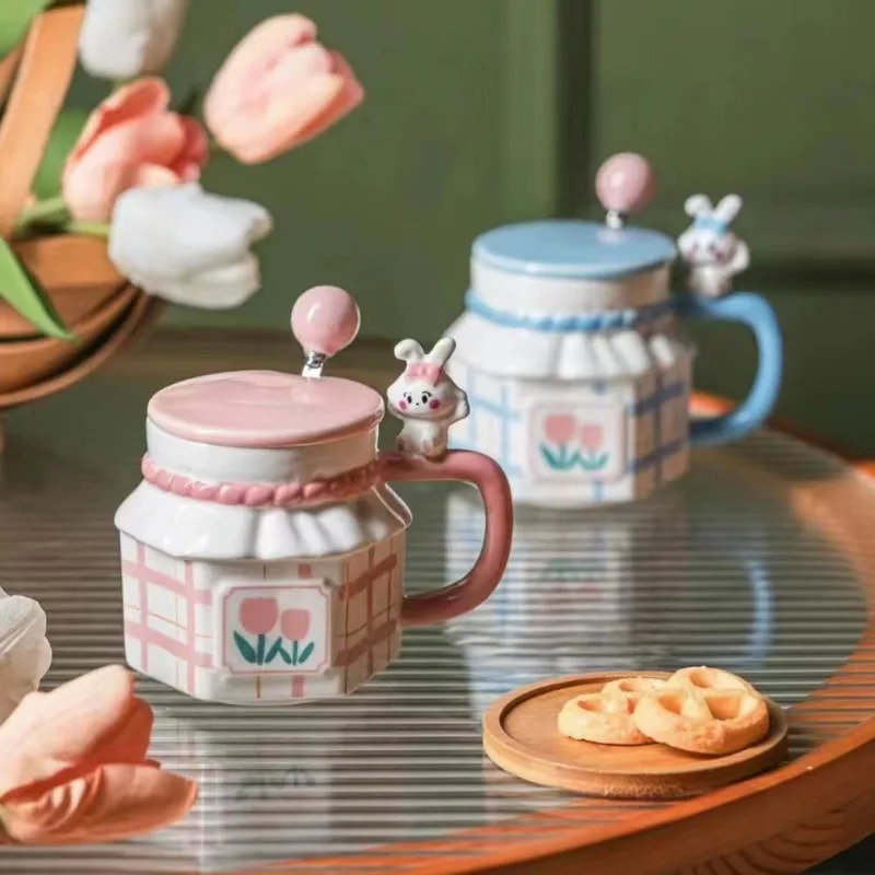 JUSTINLAU Cute Rabbit Tulip Pattern Mug Ceramic with Lid Spoon Home Breakfast Milk Cup Couple Ceremony Gift Ceramic Water Cup