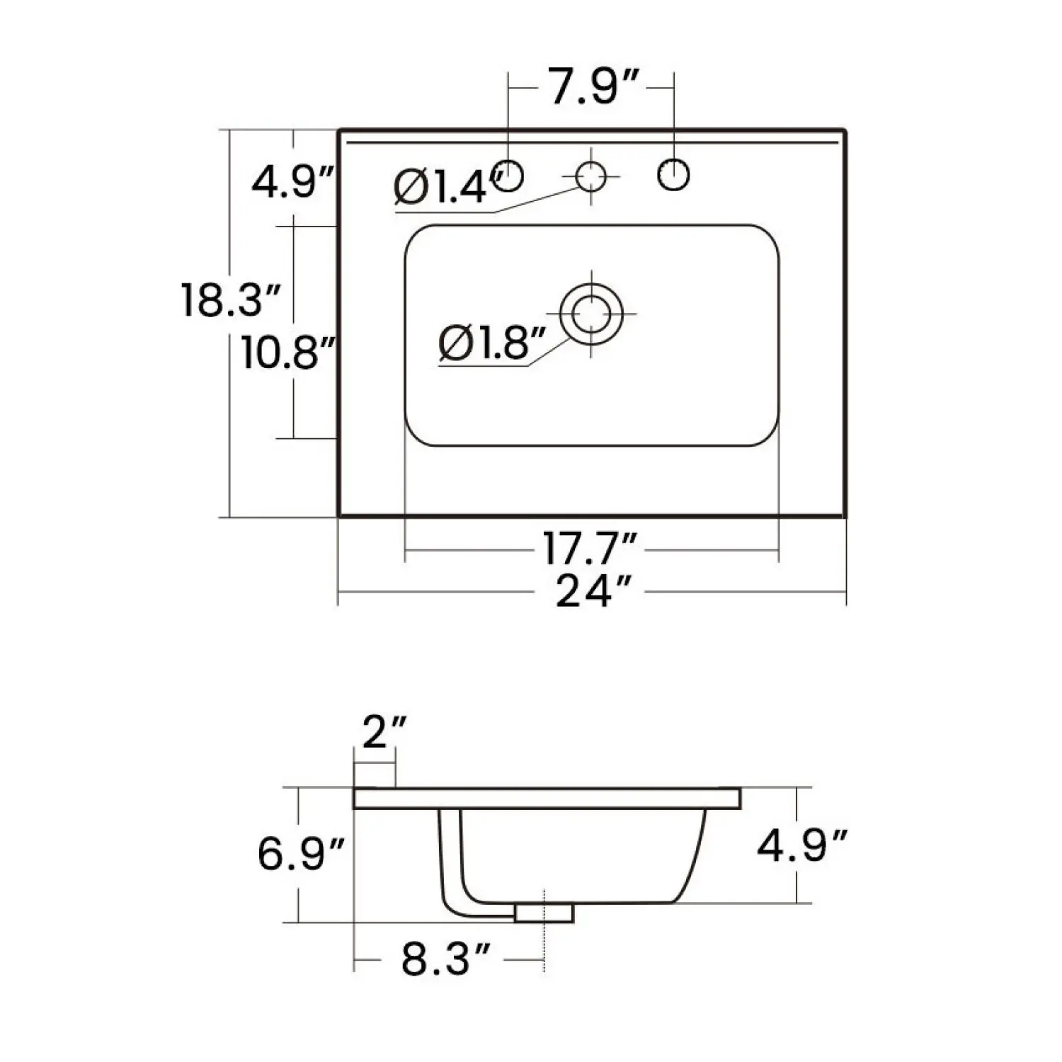 BB0924Y331, Lavabo integrado de cerámica blanca con tres orificios para grifos precorados, conjunto de desagüe NO incluido