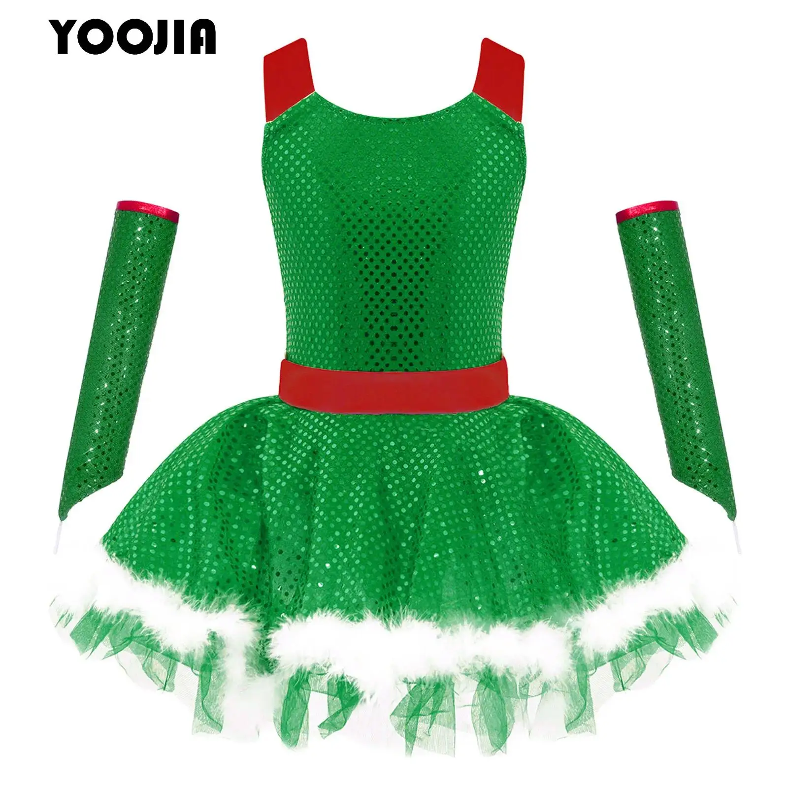 

Girl Christmas Ballet Dance Tutu Dress Sequins Mesh Tutu Elf Costume Outfit Xmas Holiday Santa Sweetie Skating Leotard Dancewear