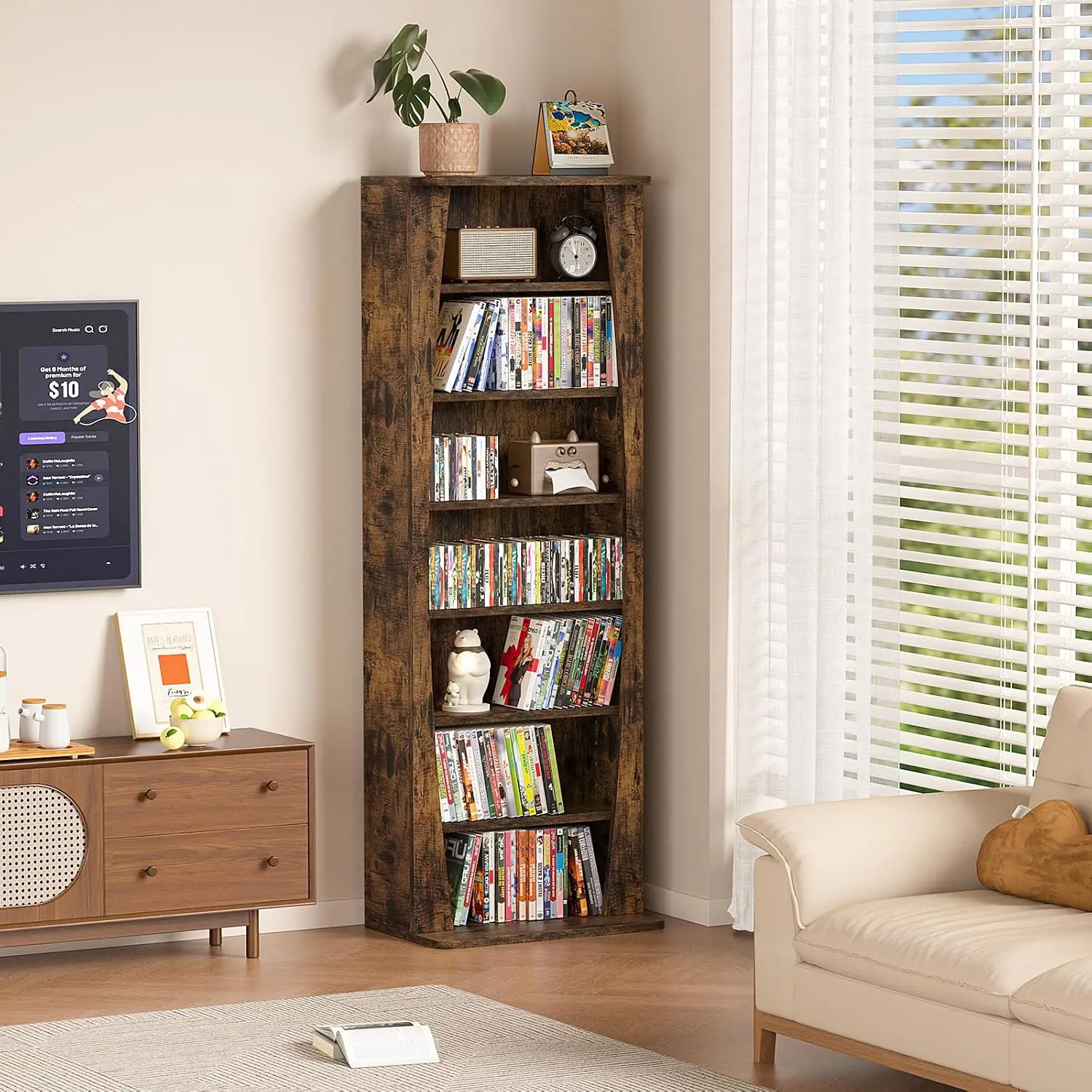 7 Tier Arched DVD Shelf, DVD Rack with Adjustable Shelves, Brown, Customized