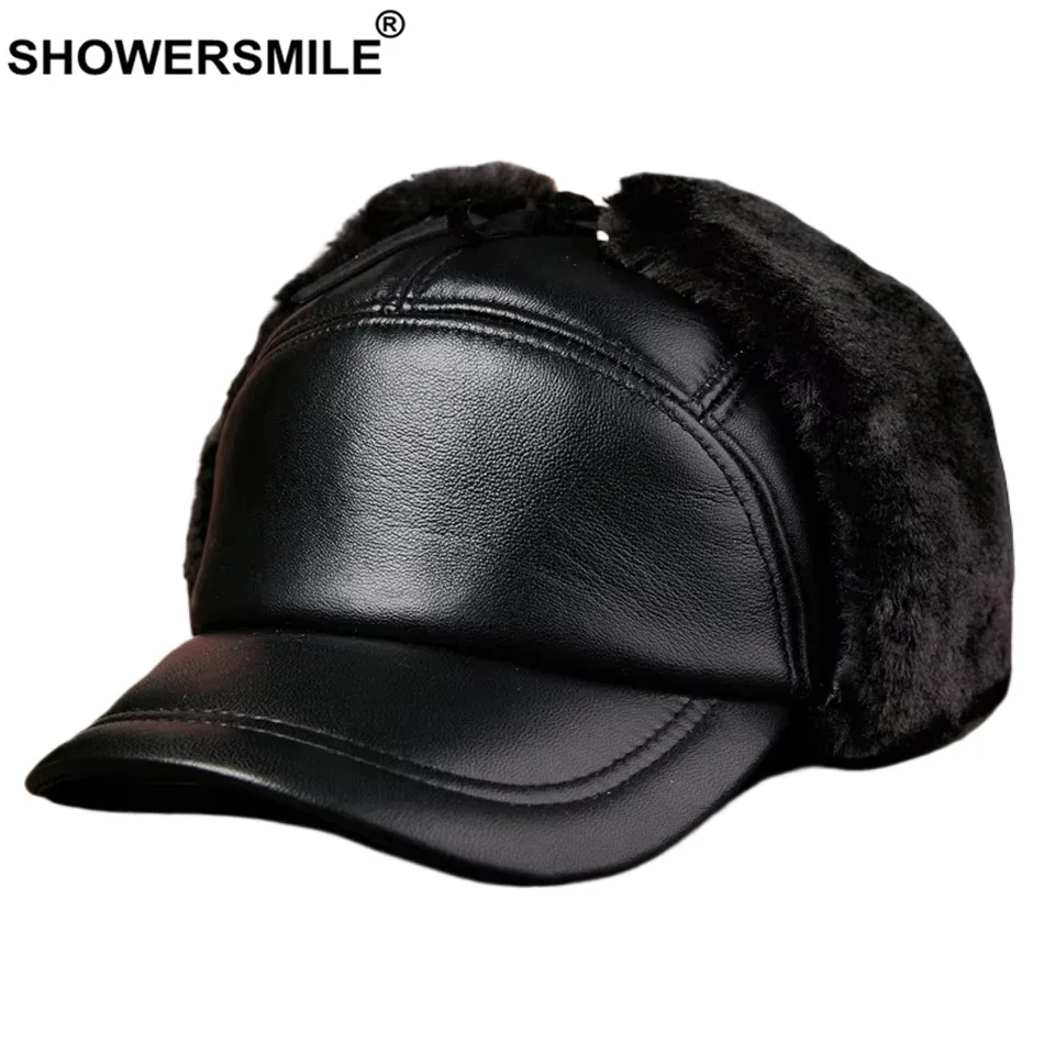 

SHOWERSMILE Leather Bomber Hat Black Men Ushanka Hats with Earflap Thick Russian Hats Winter Warm Genuine Leather Faux Fur Caps