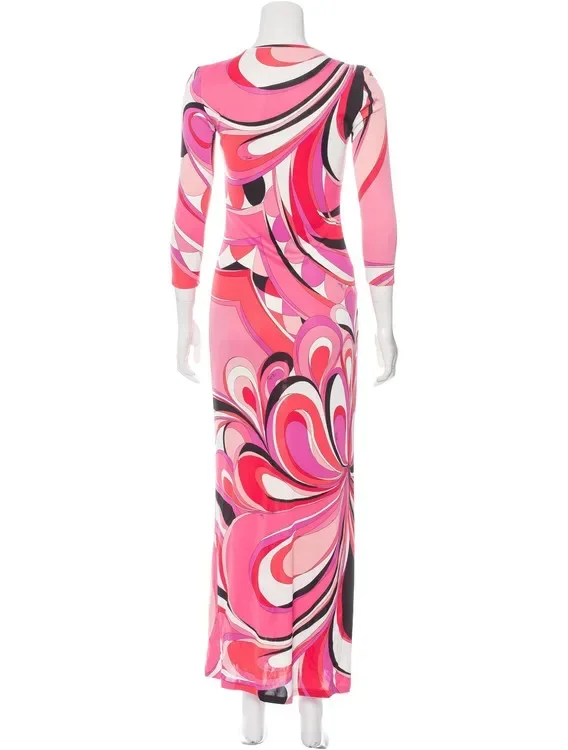 Stretch Silk Jersey Long Dress Women\'s New V Collar Seven Point Sleeve Print Extended Beach Vacation Dresses