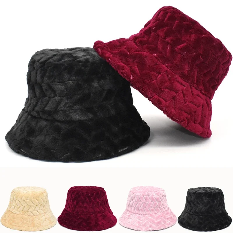 Winter Warm Plush Bucket Hat Women Girl Solid Color Fuzzy Fishmen Panama Caps For Lady Casual Outdoor Bucket Hats for Women