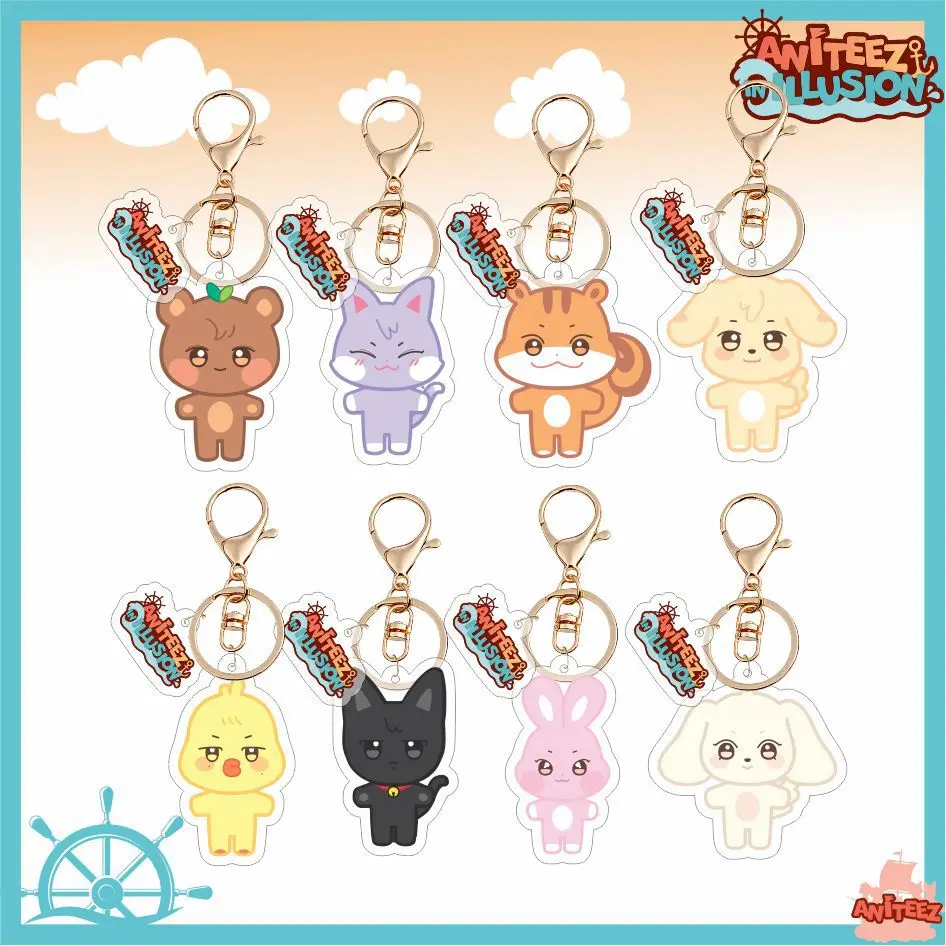 

8Pcs/Set KPOP ATEEZ ANITEEZ IN ILLUSION Cartoon Acrylic Keychians San Seonghwa Cute Keyring Bag Accessories Fans Birthday Gifts