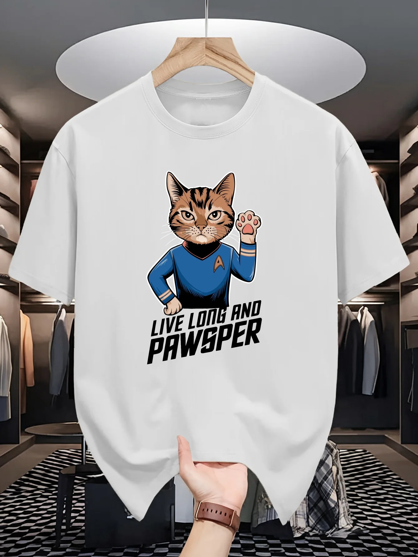 Men Beige Crew Neck Tee Cartoon Tabby Cat Space Uniform Live Long And Pawsper Pun Funny Sci Fi Pet Lover Cotton Top