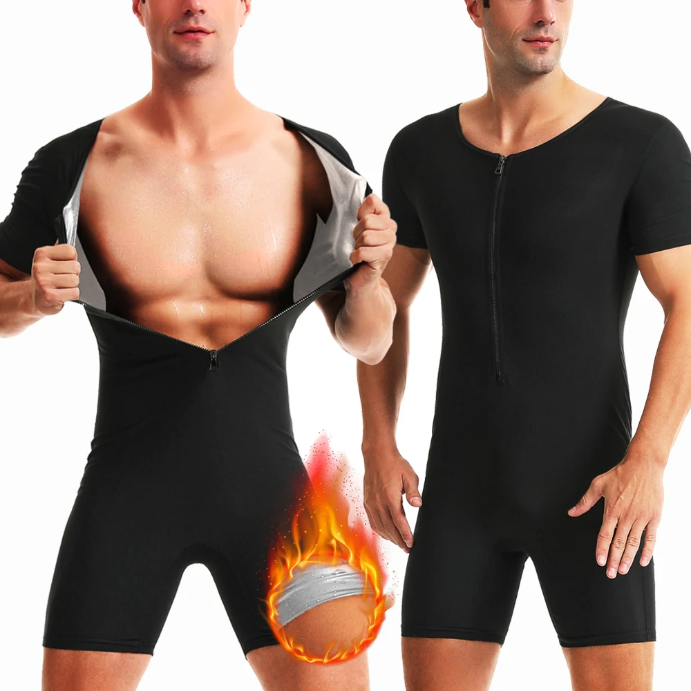 Men's Zipper Sports Bodysuits Short Sleeves Compression Body Shaper Tight One Piece Jumpsuits Gym Workout Sauna Sweat Shapewear