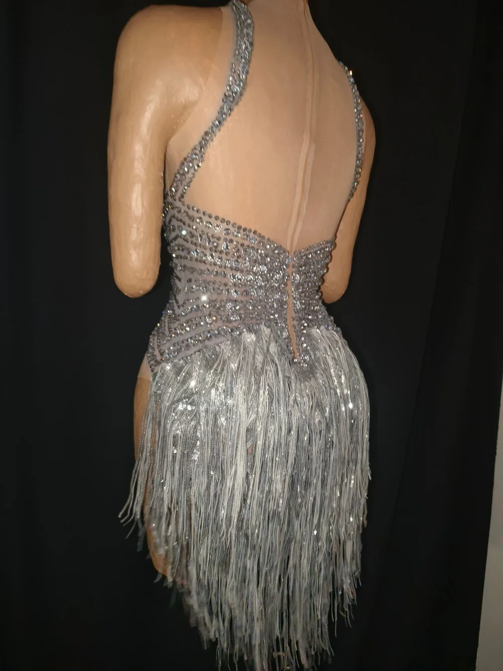 Women Sexy Sparkly Silver Crystal Stretchy Night Club Singer Dancer Shinning Tassel Stage Costume Party Bodysuit