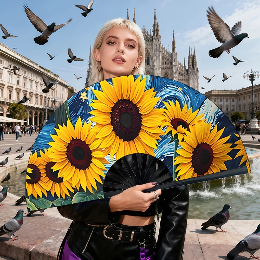 Starry Sky Sunflower Handheld Fan, Perfect for Festive Performances And Summer Days, a Stylish And Eye-Catching Folding Fan for Women