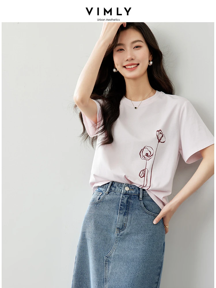 

VIMLY Women's Basic Chic Casual Printed Short-Sleeved T-Shirt Summer Women Solid Simple Slim-fit O-Neck Office Lady Blouse Tops