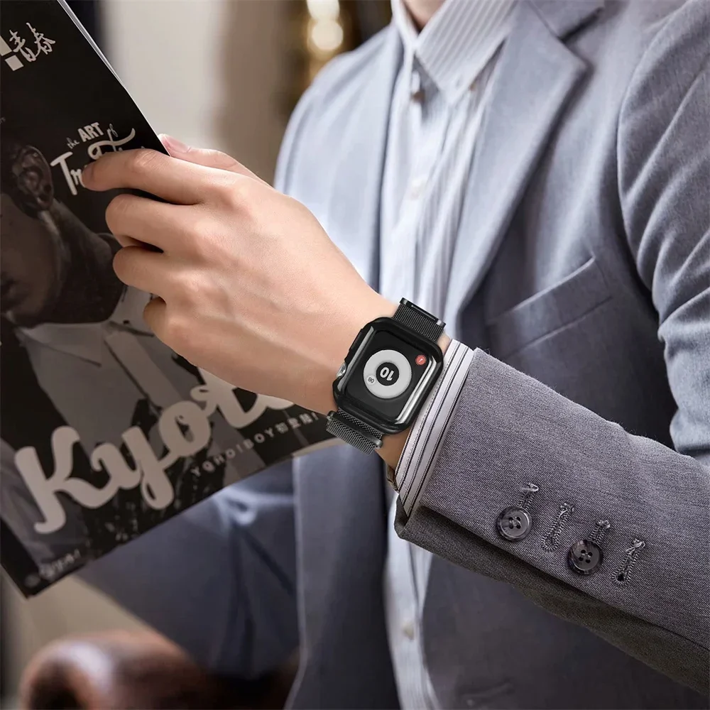 アップルウォッチバンド用ミラネーゼループとケース、メタル磁気バンド、iwatchシリーズ9、8、7、6、5、4、3、seストラップ、45mm、44mm、38mm, 42mm, 41mm, 40mm