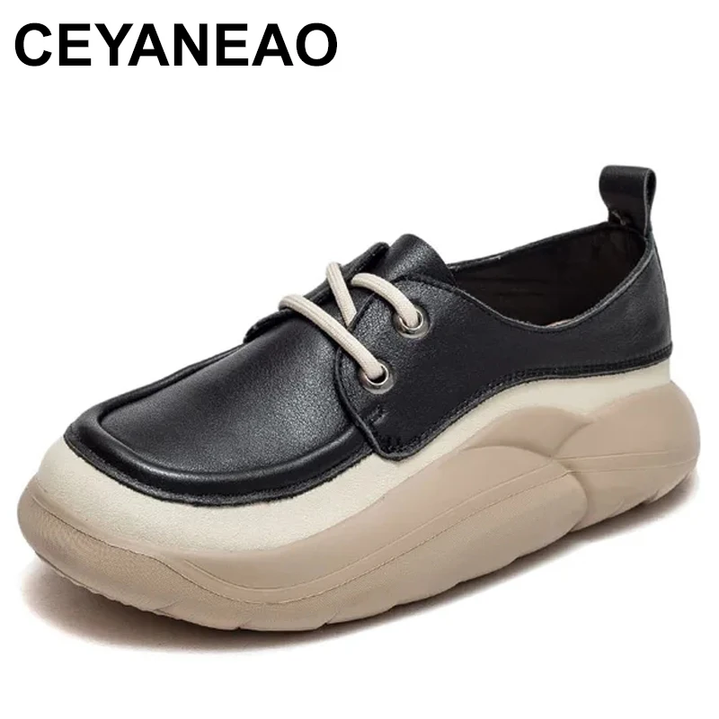 

Women Genuine Leather Shoes Mixed Colors Thick Bottom Low Top Lace-Up Casual Sneakers Comfort Trend Platform Shoes