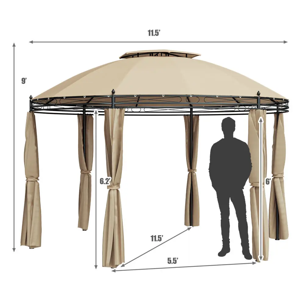 Patio 11.5’ Canopy Outdoor Round Dome Gazebo Shelter Double Roof Steel Brown