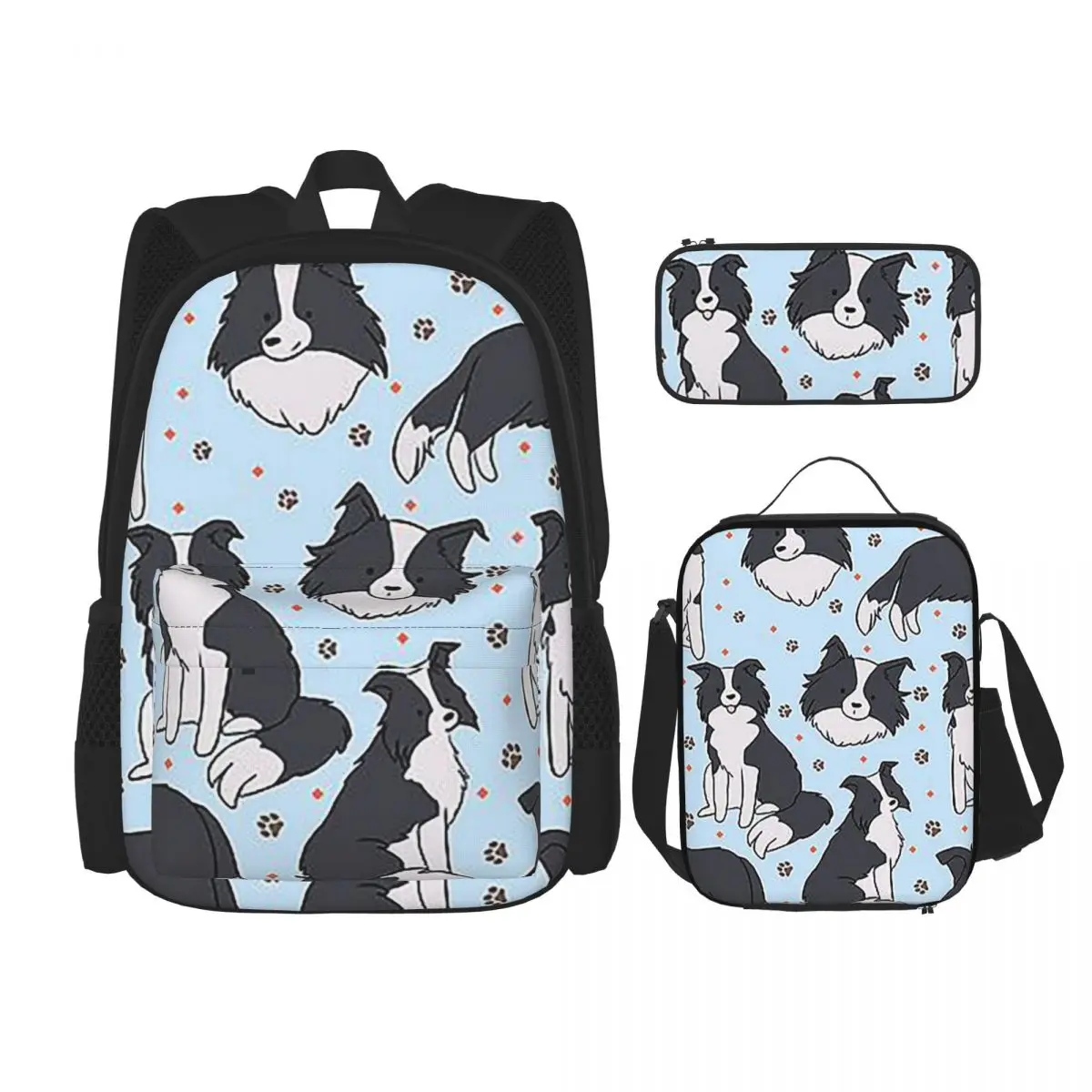 

9 Cute Border Collie Dog Backpacks Boys Girls Bookbag Children School Bags Kids Rucksack Lunch Bag Pen Bag Three-Piece Set
