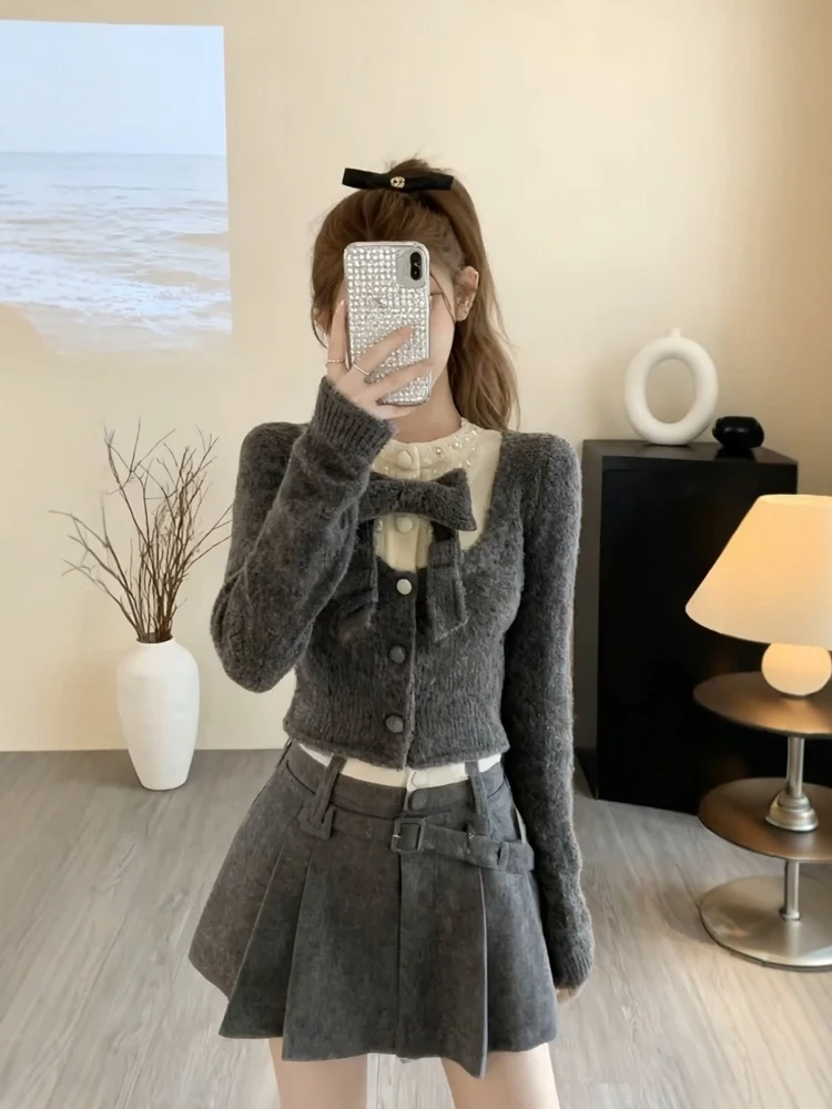 

Korean Sle Sweet School orm Knot Knitted Top Skirt Set Women's Autumn Winter Slimming High Waist Skirt Long S...