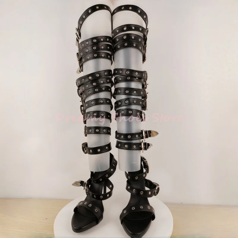 

Black Belt Buckle Hollow Gladiator Sandals Boots Women Peep Toe Back Zipper Thin Heel Knee High Boots Sexy Punk Party Club Shoes