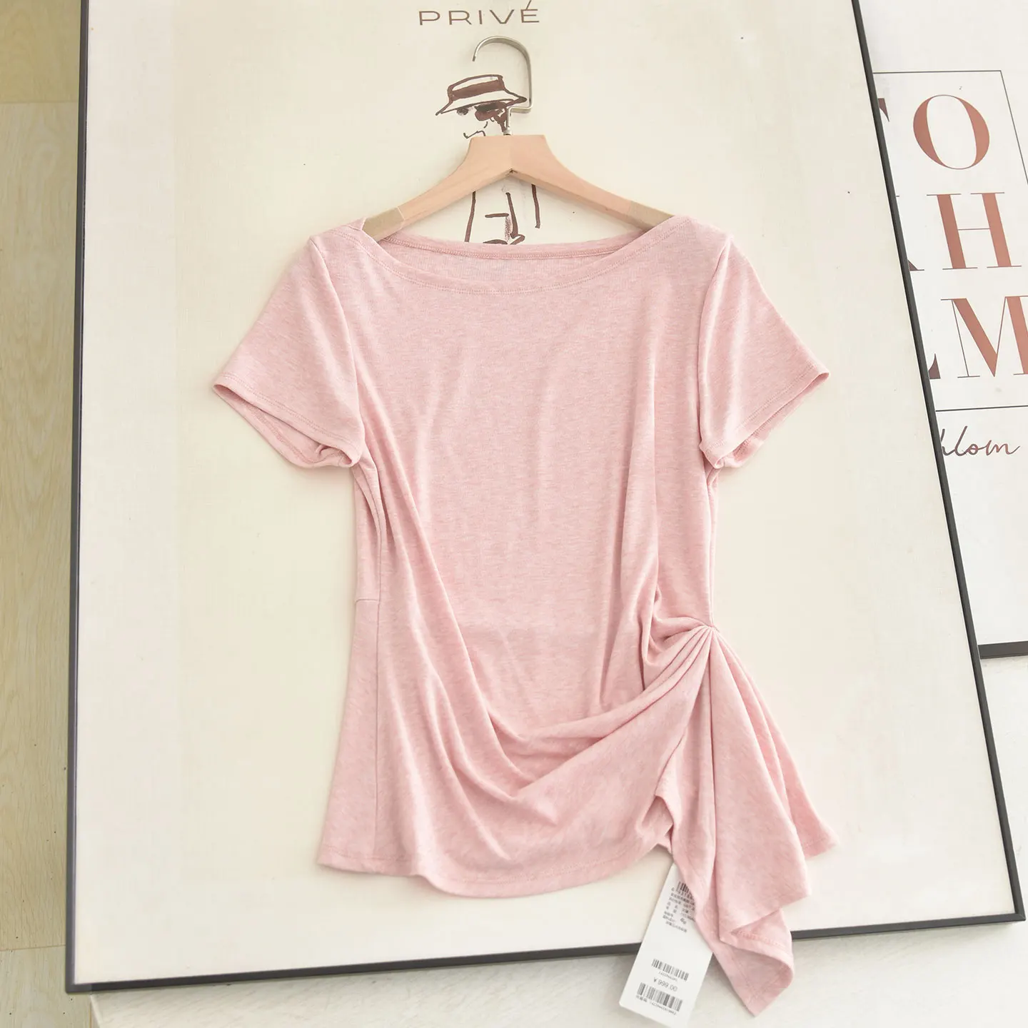 Summer 2026 Slim Fit Short Sleeve T-Shirt Women's Casual Style Pink Folded Waist Design Shoulder Width Regular Length Top