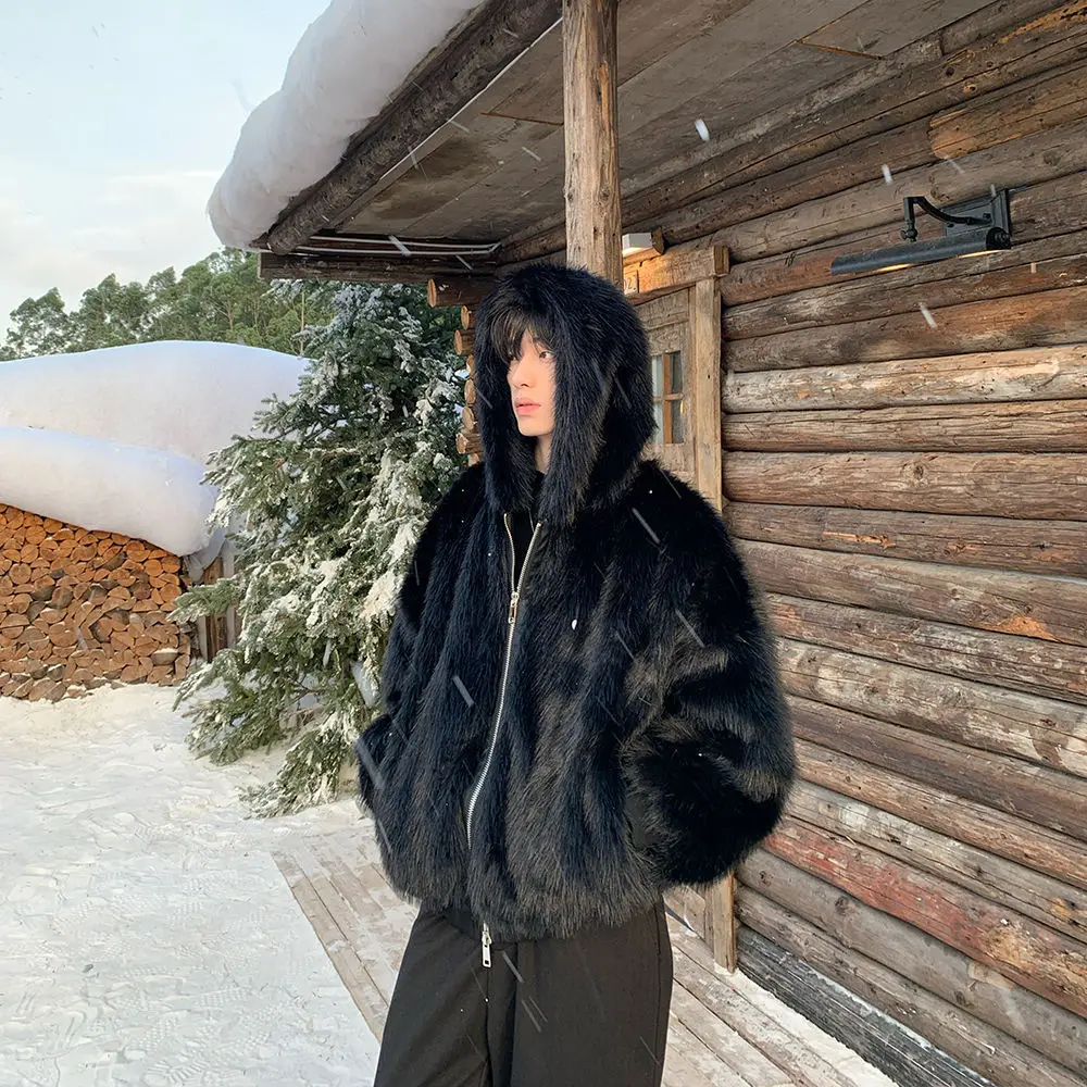 Men Faux Fur Coats Jackets Hooded Zipper Coat Thick Streetwear Jacket Casual Full Sleeve Work Outerwear Autumn Winter 2025