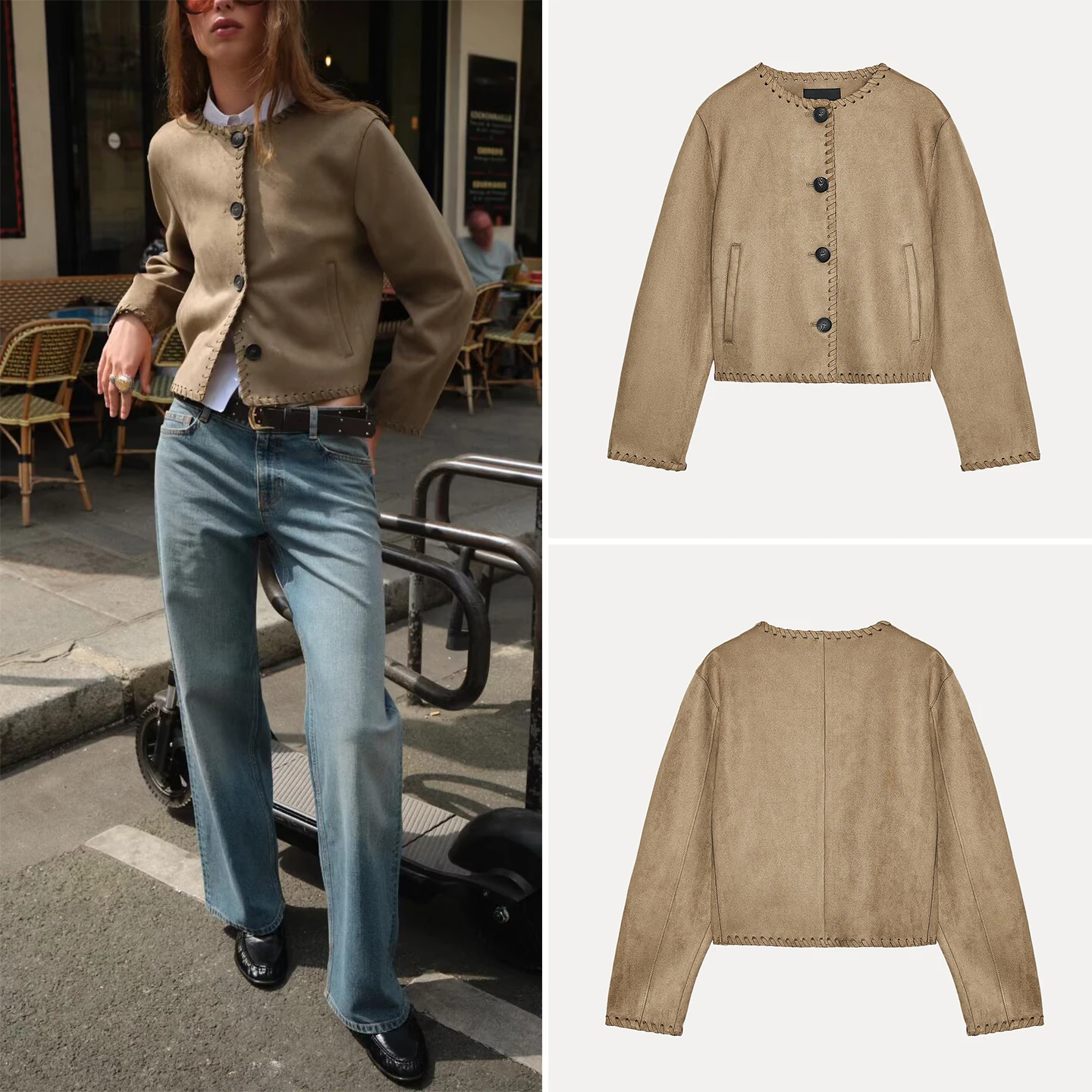 

ZADATA 2025 New Women's Knitted Faux Leather Effect Jacket round Neck Long Sleeve Commute Style Slim Fit Chinese Production