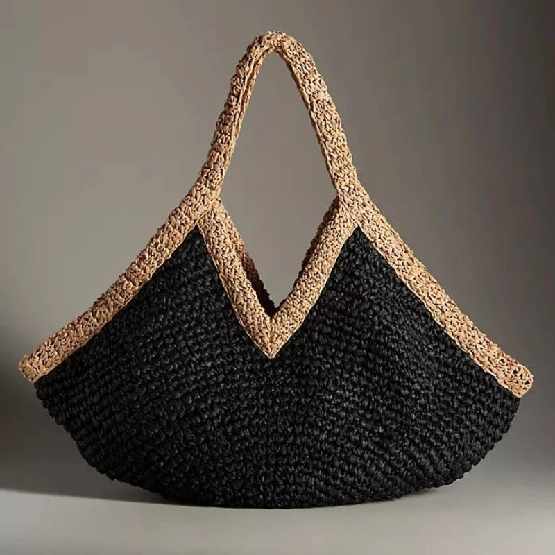 Colorblock Straw Woven Tote Bag,Women Summer Seaside Beach Boho Black Brown Color Contrast Shoulder Bag,Lightweight Handbag