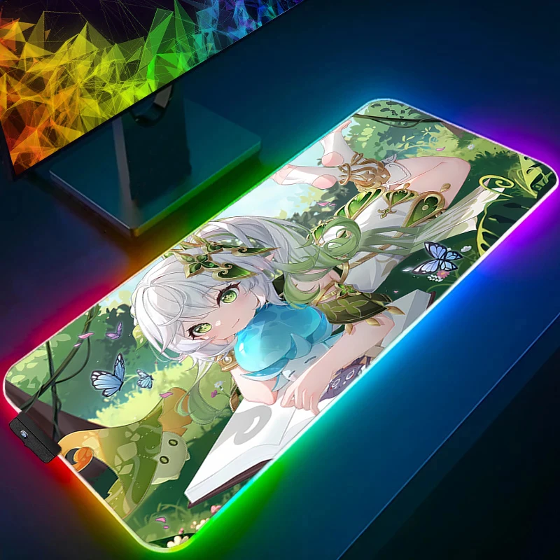 Mouse pad acessórios para jogos rgb computador gamer teclado almofada genshin impacto nahida mesa mouse tapete led pc plantas verdes mousepad