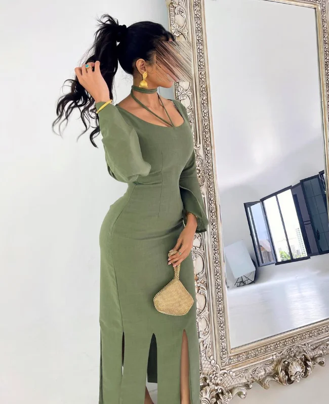 Индивидуальное высокое качество с длинными рукавами и квадратным воротником с разрезом до щиколотки, зеленое длинное женское вечернее платье Grace Robe De Soirée Femme