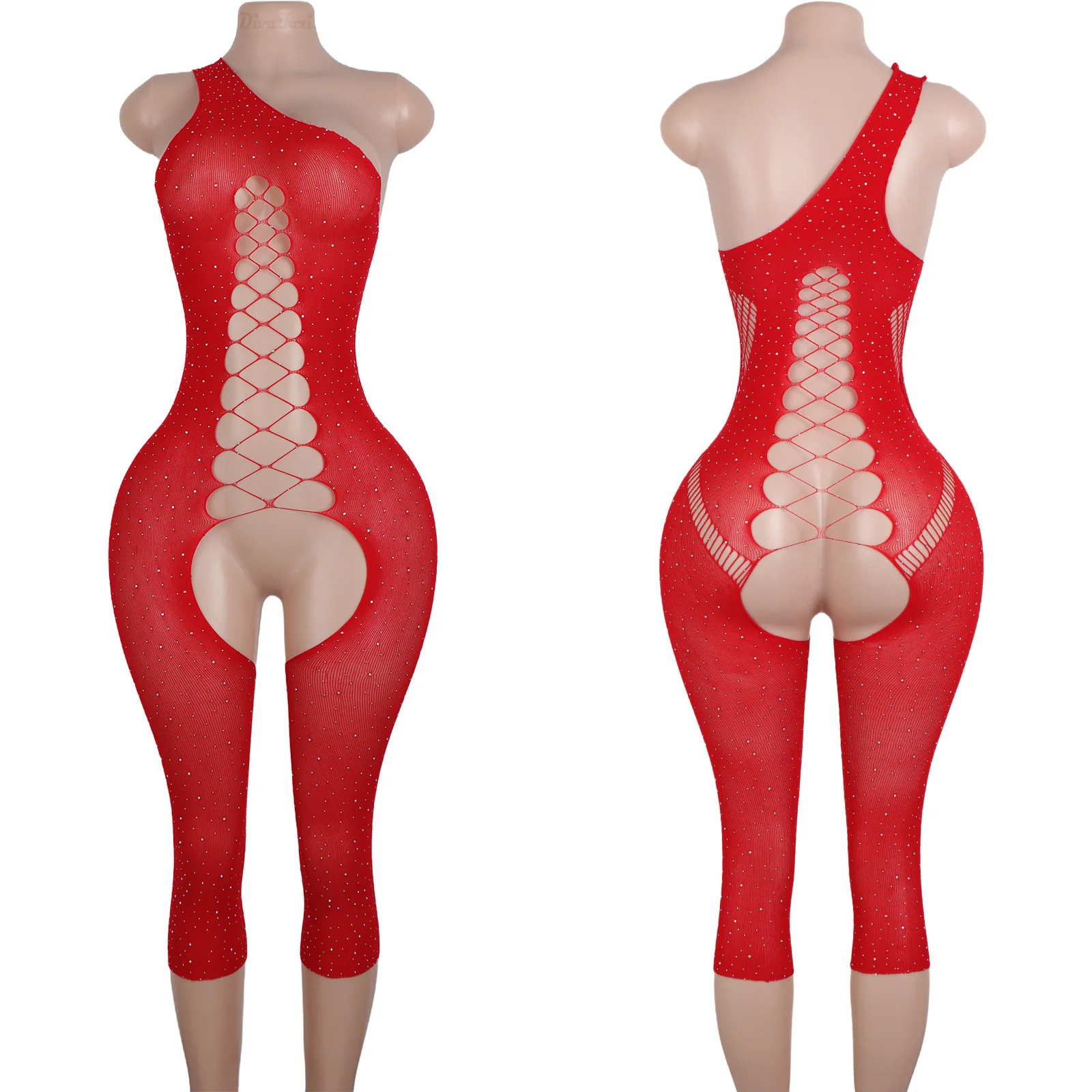 Sexy Lingerie Swimsuit Cutout Design Sheer Net Shorts Crystal Embellished Rhinestone Women's One Piece Exotic Dancewear Mesh