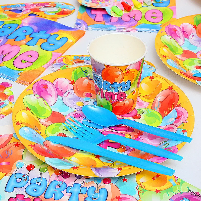 Birthday party cutlery set, disposable paper cups, paper plates, knives, forks and spoons, decorative decoration with children's