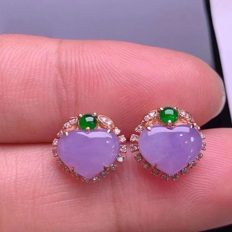 

New silver inlaid crystal natural violet chalcedony heart earrings ethnic style retro niche design ladies jewelry
