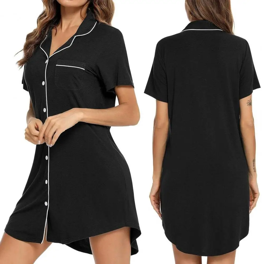 Women Summer Nightdress Short Sleeve Shirt Type Lapel V Neck Single-breasted Loose Homewear Sleep Dress Nightwear