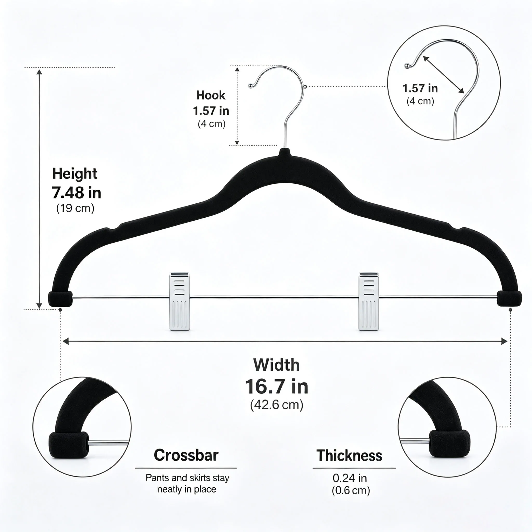 12 PCS Velvet Pants Hangers with Adjustable Clips, 16.7 Inches Heavy Duty Non-Slip Space Saving Clothes Hangers for Pants Skirts Coats Dresses Tank Tops