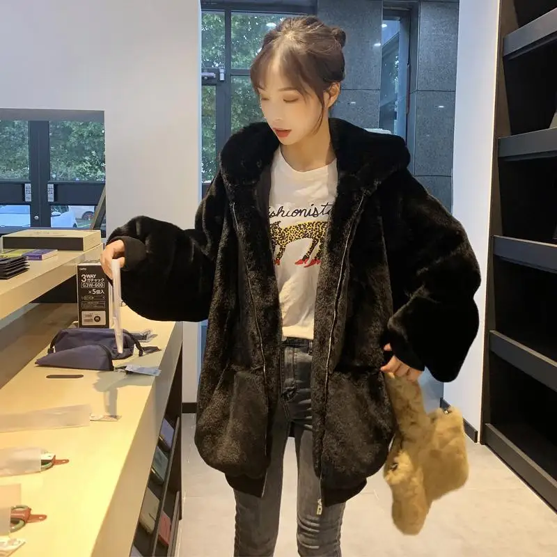 Korean Style Women's Long Jacket Fake Rabbit Fur Zipper Hooded Coat Velvet Outerwear Sweet Style College Fashion Loose Fit