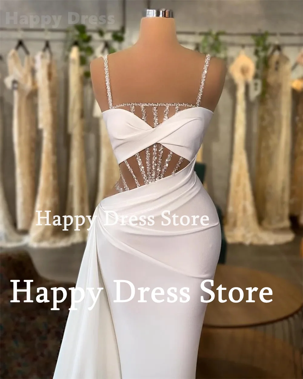 New Sexy Spaghetti Straps Formal Dress White Appliques Sleeveless Evening Dress Mermaid Wedding Party Dress 2024 Bridal Gown