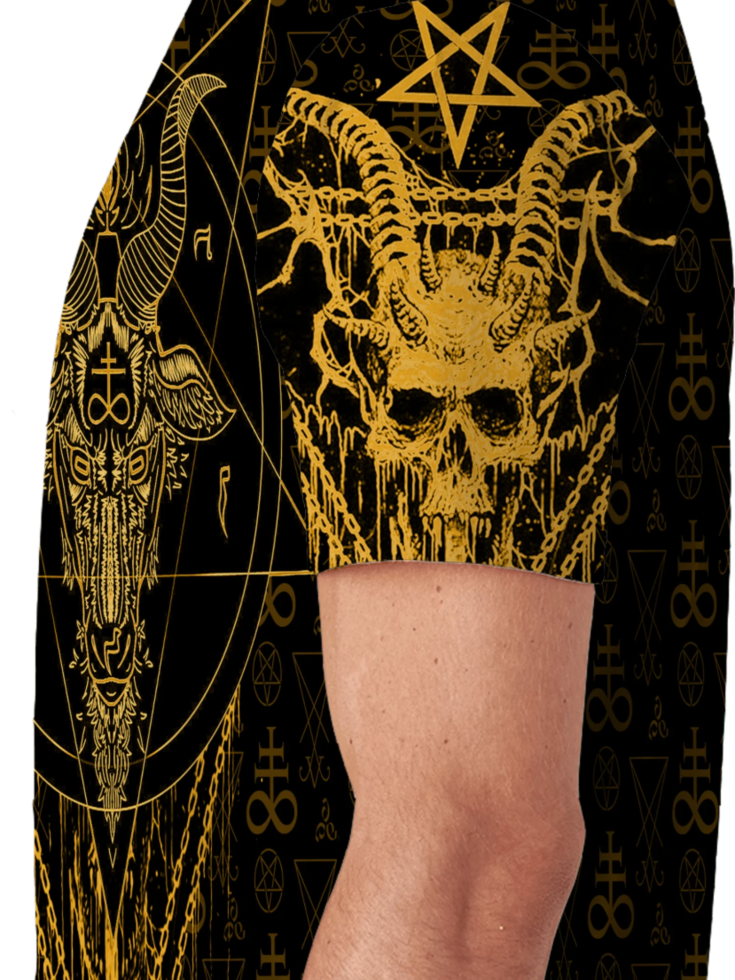 Camiseta abstrata geométrica impressa em 3D masculina e feminina – poliéster macio em negrito símbolos ocultos dourados pentagramas, crânios, luas