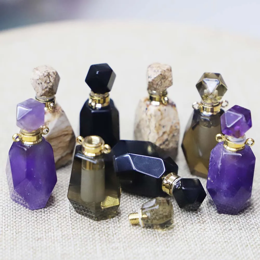 Natural Stone Multilateral Perfume Aromatherapy Oil Small Bottle Necklace Pendant Essential Diffuser Fashion Charms Jewelry Gift