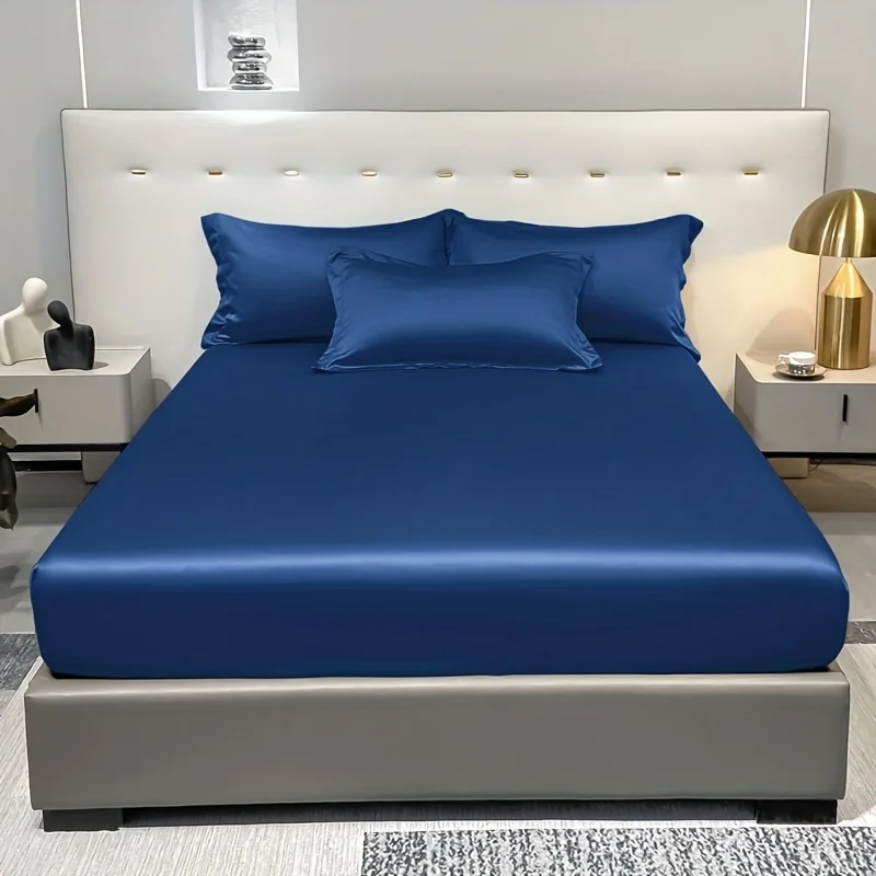 1 Simple Modern Satin Solid Color Fitted Sheet,Navy Blue Color Ice Silk Bedspread For Bedroom,Bedding (Excluding Pillowcases)