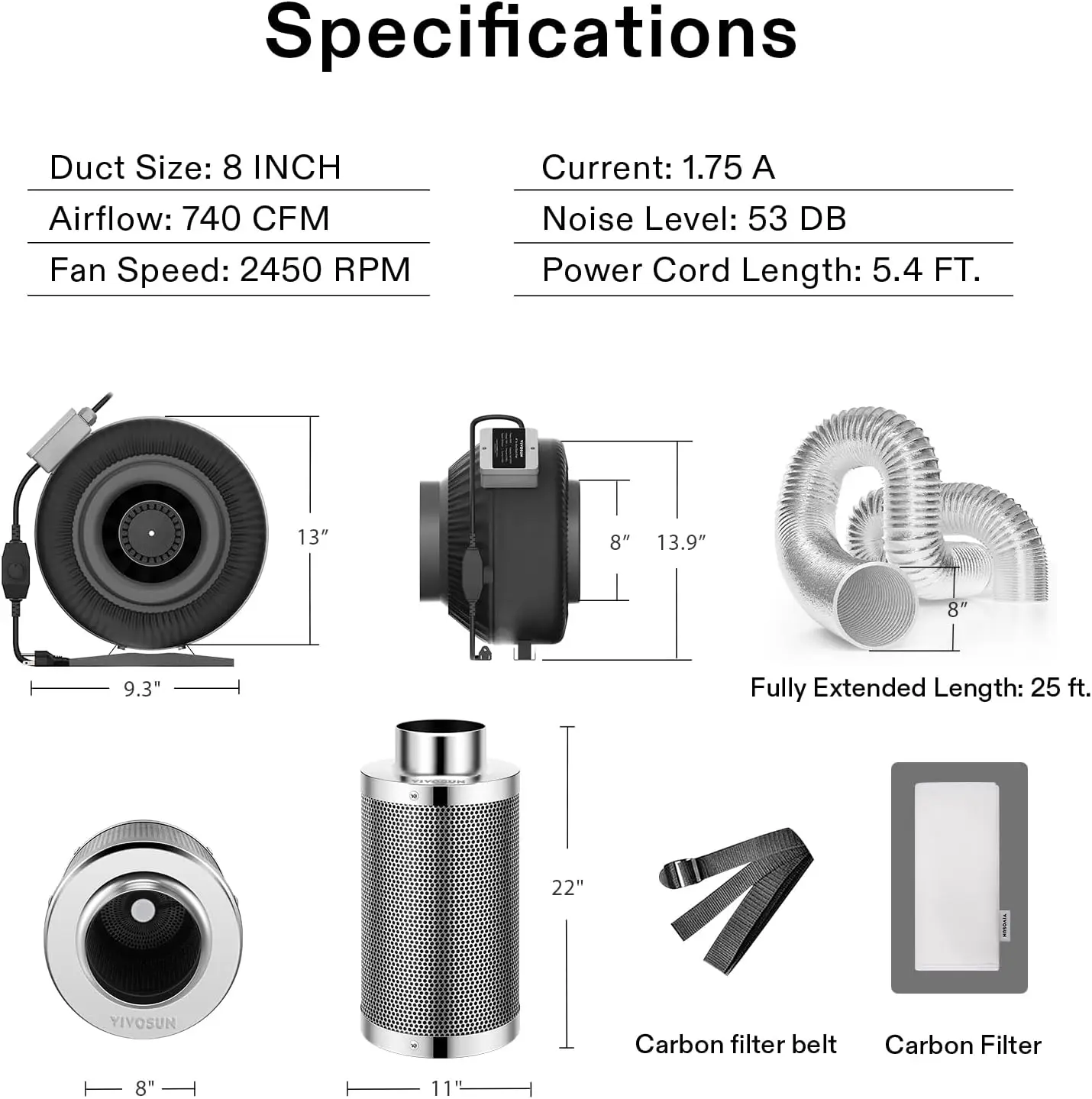 Osun Ventilador en línea de 8 pulgadas 740 Cfm con controlador de velocidad, filtro de carbón de 8 pulgadas y 25 pies de conductos, combinación de filtración de aire para