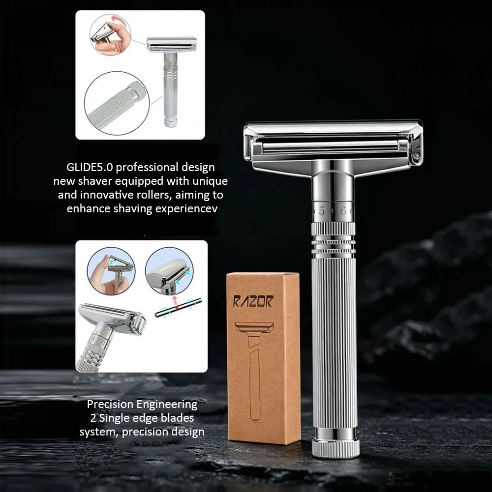 RZACLEA09T-1 Glide 3.0 Pro Adjustable Safety Razor Double Edge Shaving Razor with Rolling Wheel 5 Blades For Man Shaving Kit