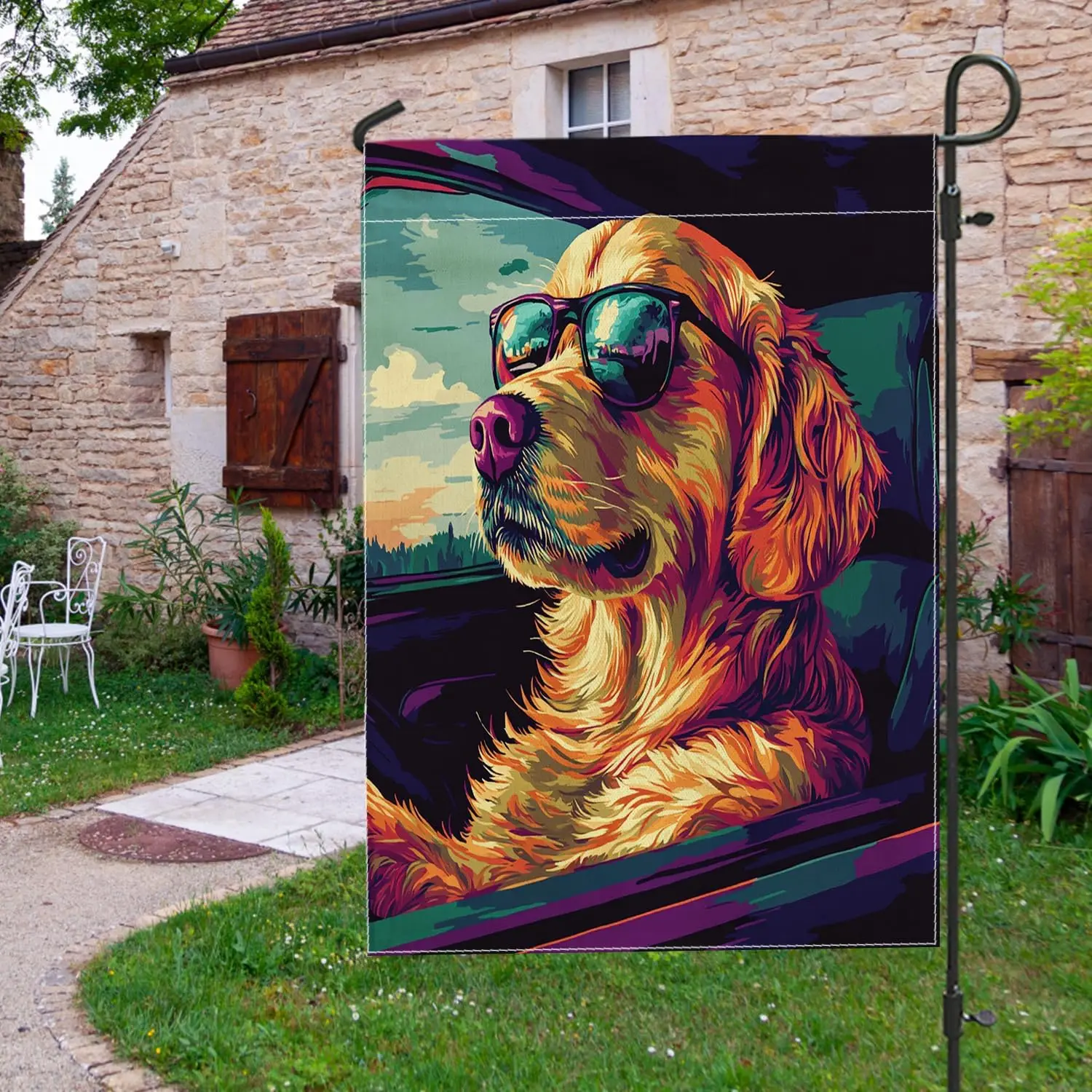 Fun Golden Retriever Dog Garden Flags 12x18 Inch for Outside, Pixel Art Chien Standard Vertical Linen Flags for House, Puppy uui