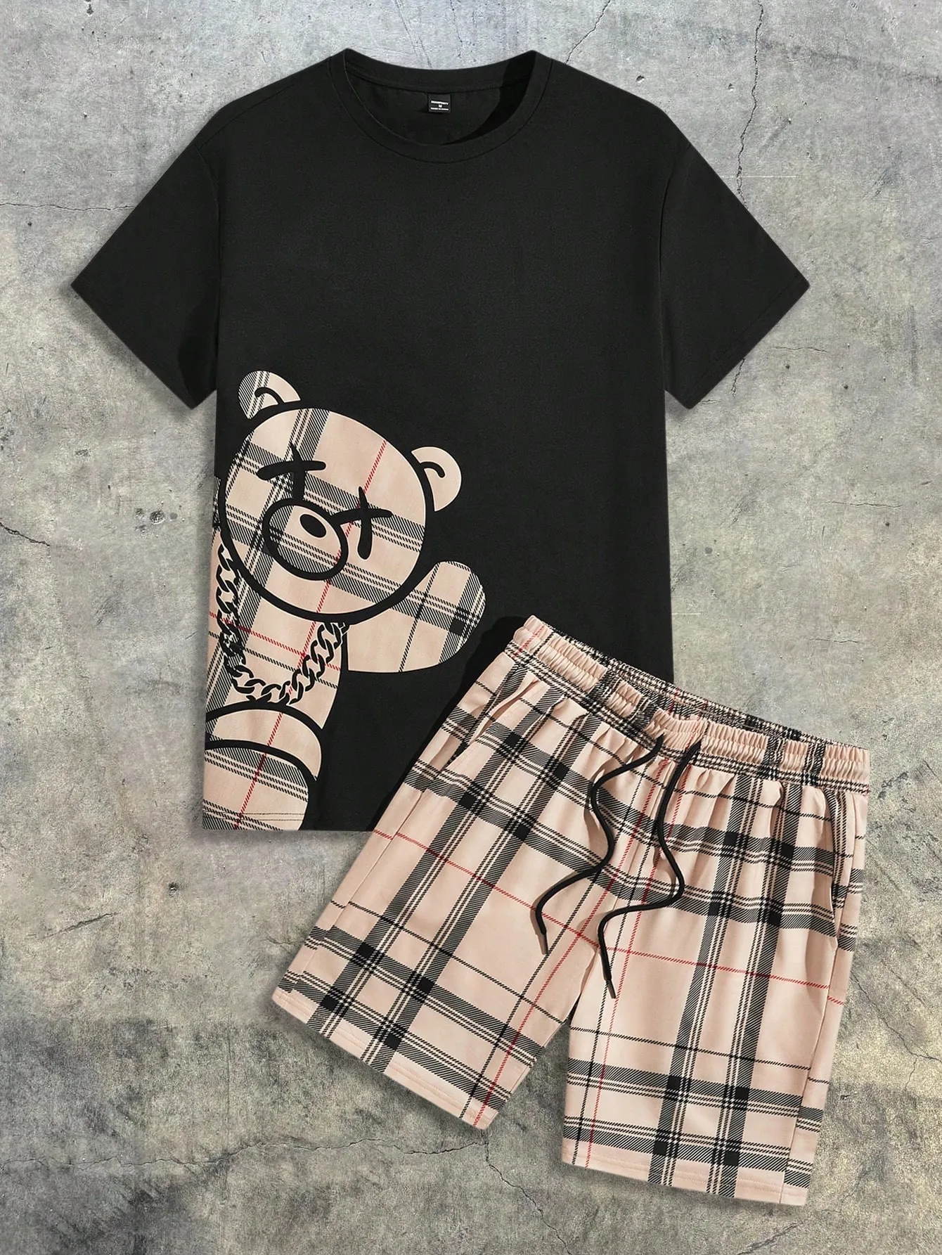 2026 Summer Men's Short-Sleeved Shorts Set with Bear Print Breathable Lightweight Casual Fashionable Outdoor Men's Clothing