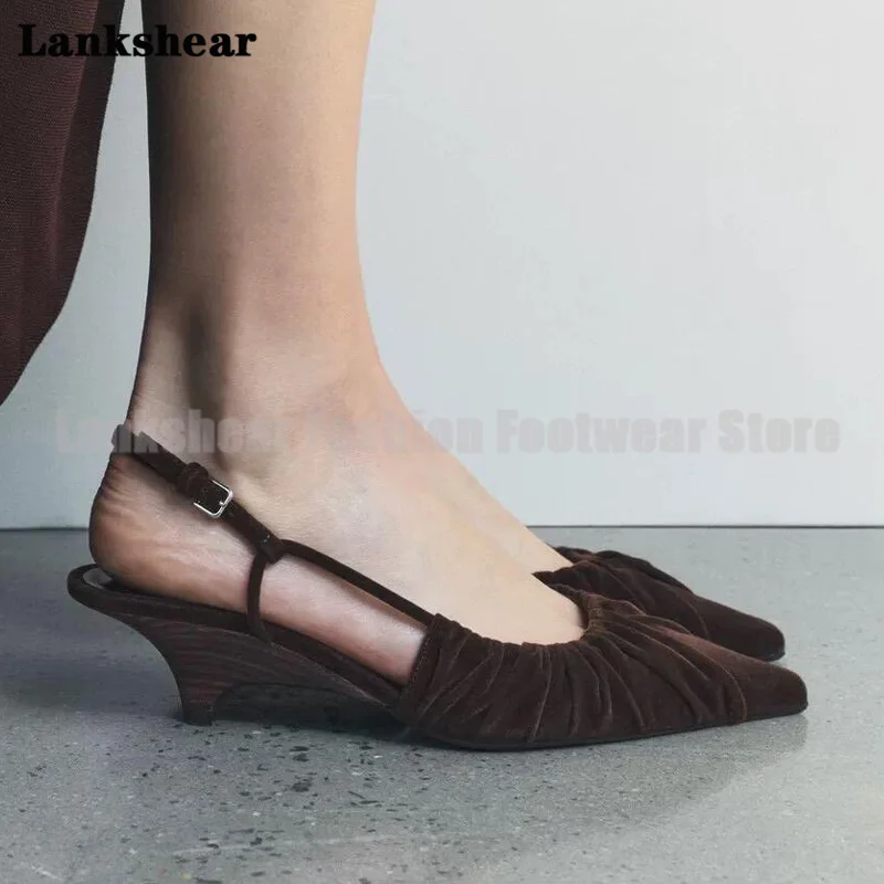

Pleated Suede Kitten Heel Sandals Women Shoes Summer Pointy Toe Ballet Style Single Shoes Ladies Sandalias De Mujer Verano
