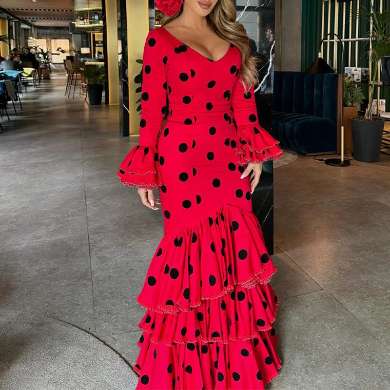 

Layered Ruffle Cake Long Dress Polka Print High Waist Women's Party Dress 2025 Sexy V Neck Flared Sleeves Slim Fit A-line Dress
