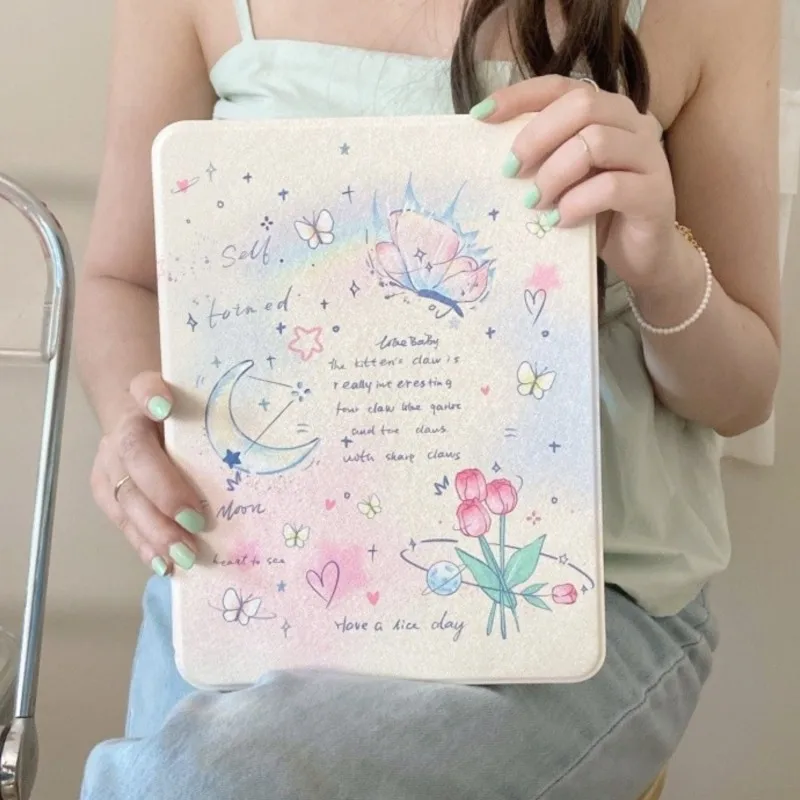 

360 Rotating Stand with Pencil Holder Cute Moon Butterfly Tulip Tablet Case for iPad Mini 6 7 8.3in Air1/2 5 6 Pro 9.7in Cover